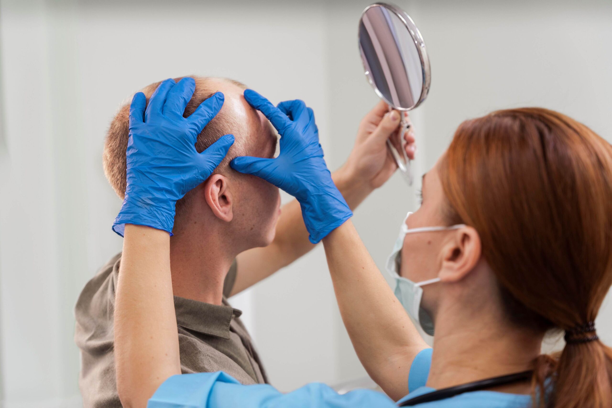 Doctor examining scalp before DHI vs FUE hair transplant