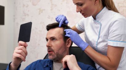 Hair transplant consultation with a specialist examining a man’s hairline while he looks in a mirror